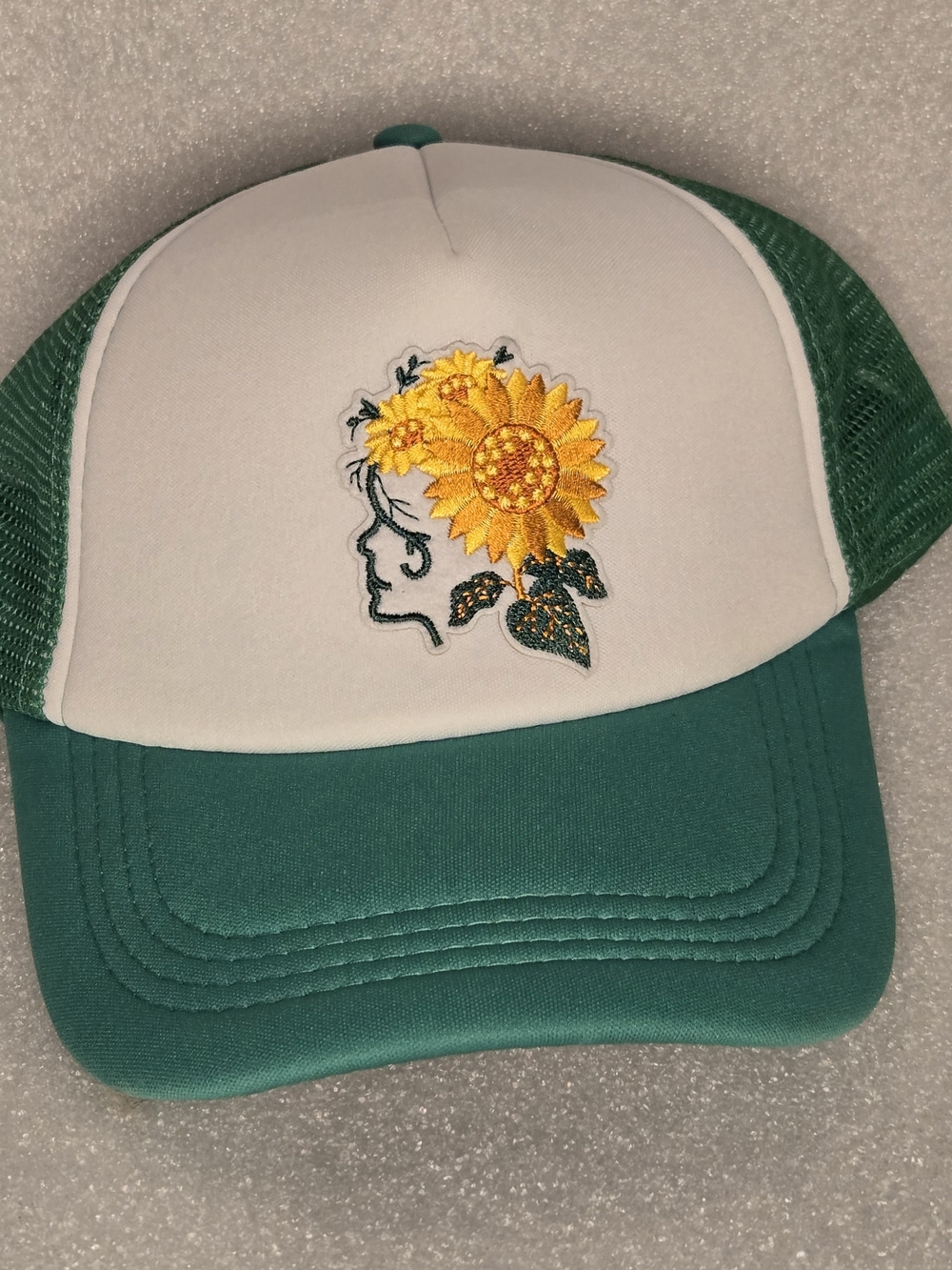 Sunflower Profile Embroidered Trucker Hat - Green & White